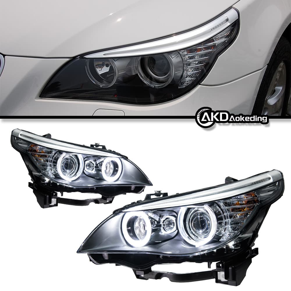 Headlight assembly for 03-10 BMW 5 Series E60, old to new model upgrade with angel eye LED low beam lens