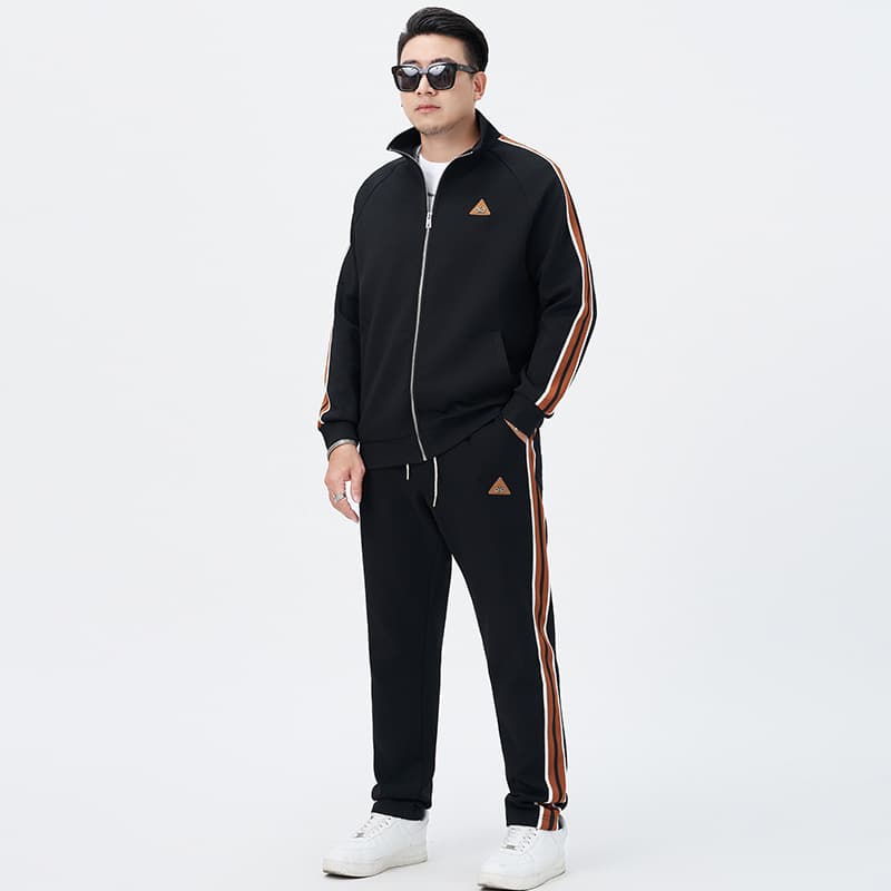 Plus-size men's American trendy brand cardigan sweatshirt stand collar jacket straight leg trousers striped loose men's casual suit
