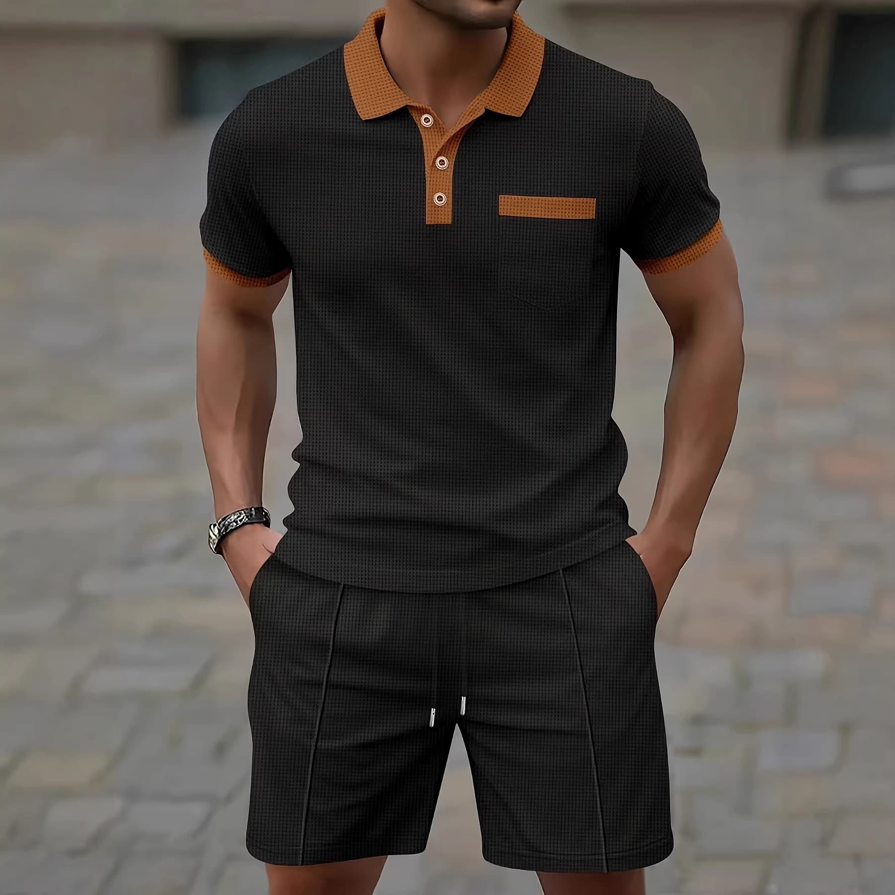 Summer Short Sleeve Men's T-Shirt Heavyweight Breathable Versatile Business Polo Shirt Loose Casual Sports Quick-Dry Shorts Set