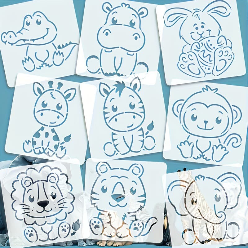9-Piece Reusable Animal Stencils, Includes 9 Cute Animal Shapes (Crocodile, Hippo, Rabbit