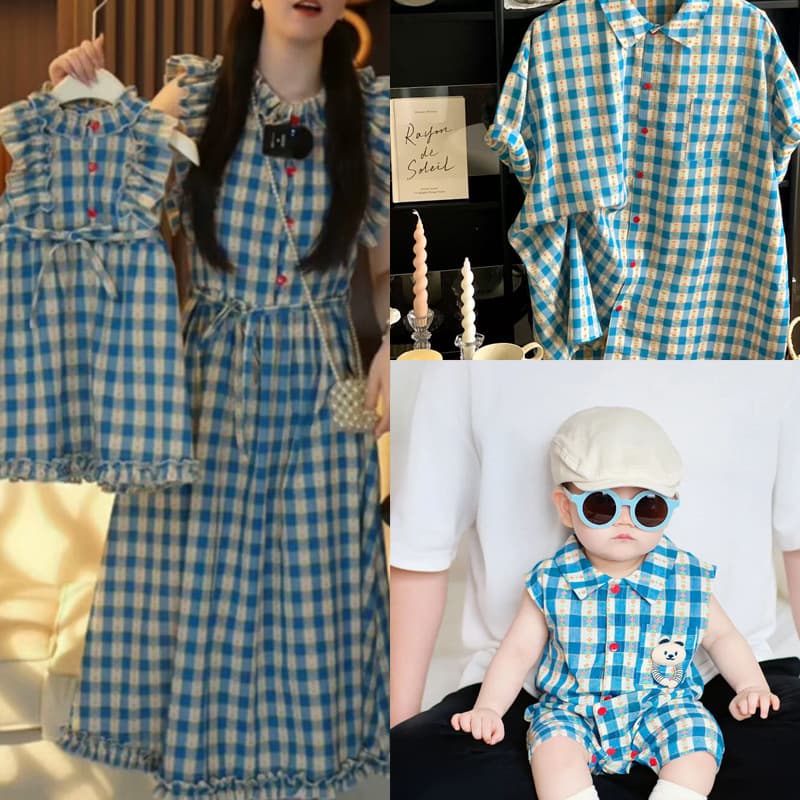 Korean-style family matching dress, summer blue plaid, for family of four, mother and daughter beach vacation dress