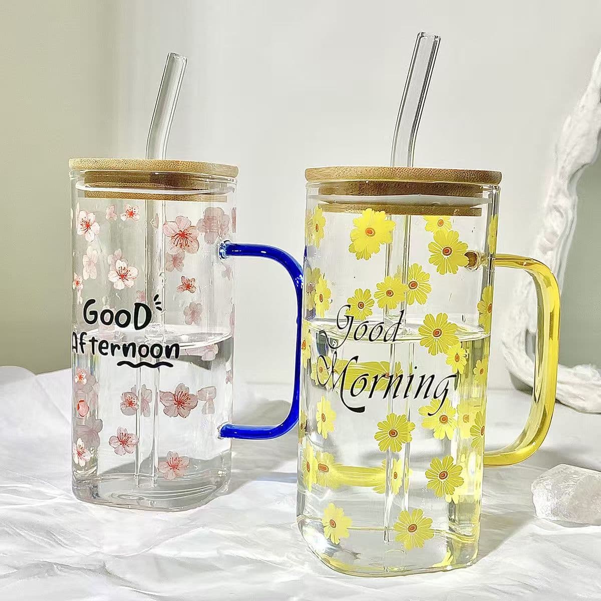 Glass Straw Cup with Cute Design, Ins Style, High Appearance, with Handle, Lid, and Spoon, Heat-Resistant, Home Cold Drink Water Cup