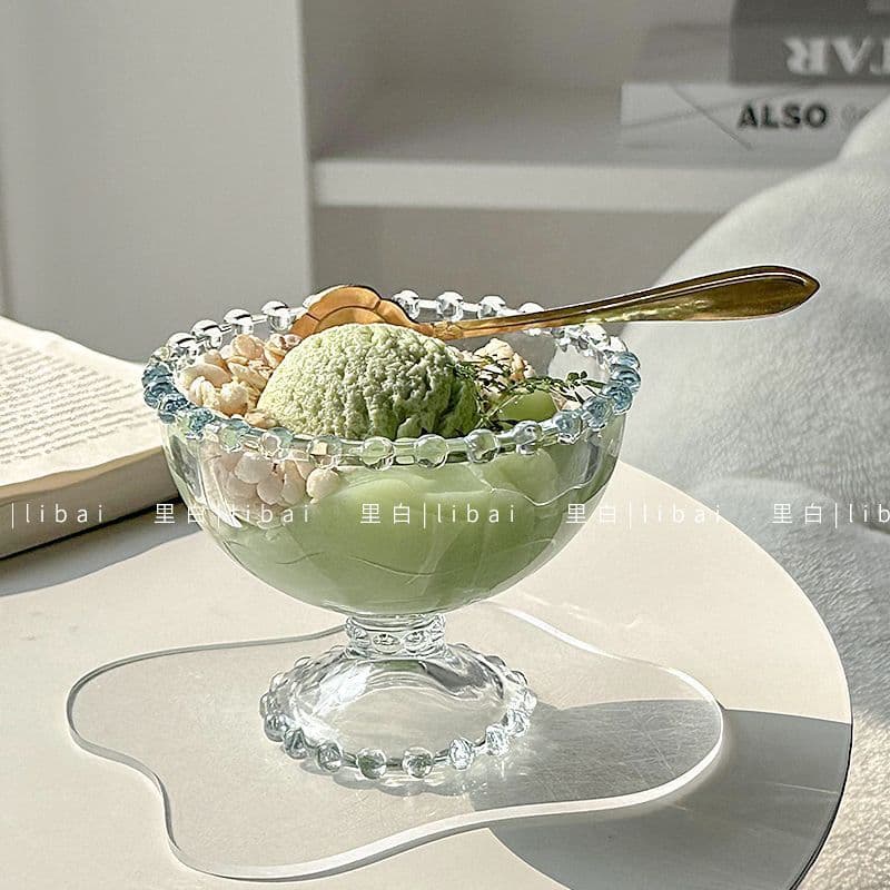 Niche Personality Beaded Rim Short-Footed Dessert Bowl Ice Cream Cup Glass Dessert Sugar Water Bowl Cold Drink Cup with Spoon Round Beaded Bowl
