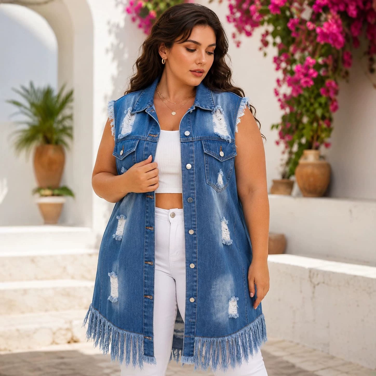 European and American Plus Size Women's Mid-Length Casual Sleeveless Open Back Fringe Hem Distressed Non-Stretch Denim Vest Jacket