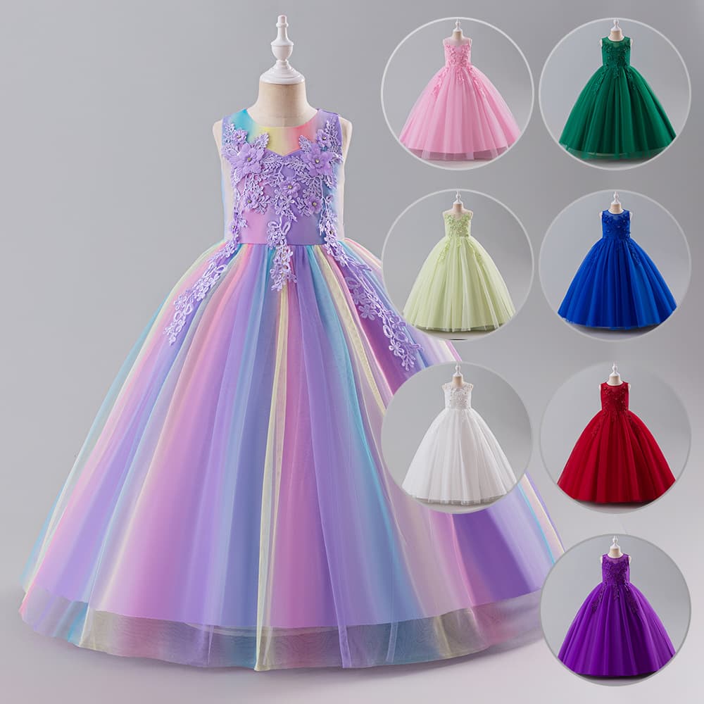 Girls Princess Dress Children Tutu Tulle Skirt Flower Girl Birthday Festival Performance Cross-Border Little Girl Dress