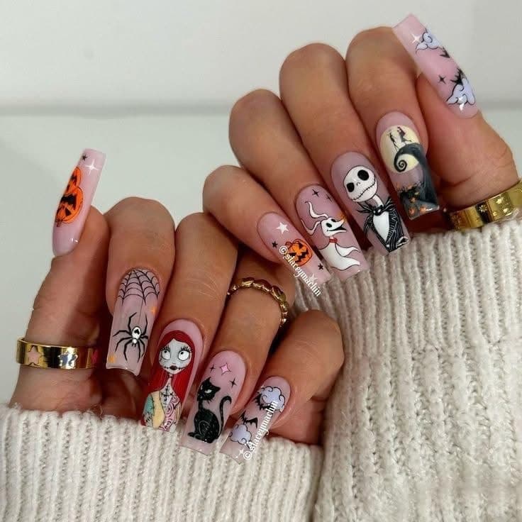 Nude Pink Gradient Halloween Cartoon False Nails Export Boxed Nail Tips Wholesale Jack and Sally Black Cat Long Coffin Nails