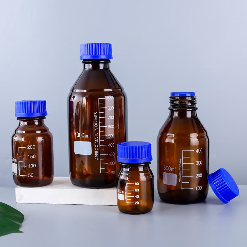Blue Cap Glass Reagent Bottle Transparent Brown Round Conical Square Screw Mouth Graduated Laboratory Bottle Sealed Sampling Bottle