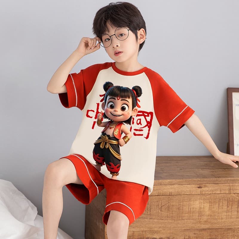 2025 New Summer Boys' Pajamas, Thin Cotton Short Sleeve, Teen Boys' Homewear