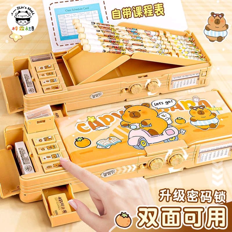 Capybara Double-Sided Password Stationery Box, Multifunctional Pencil Case for Elementary School Students, Large Capacity Pen Case