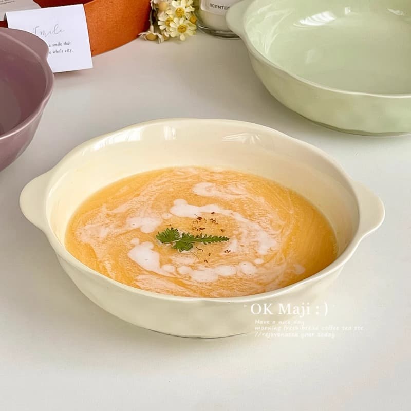 Cream style tableware ceramic double-ear soup bowl household 2025 new noodle bowl high-looking pickled fish large basin bowl