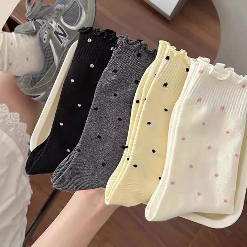 Ruffled Polka Dot Slouch Socks for Women, Mid-Calf Socks, Trendy Cotton Socks, Spring and Autumn Japanese Ballet Style Summer Long Socks
