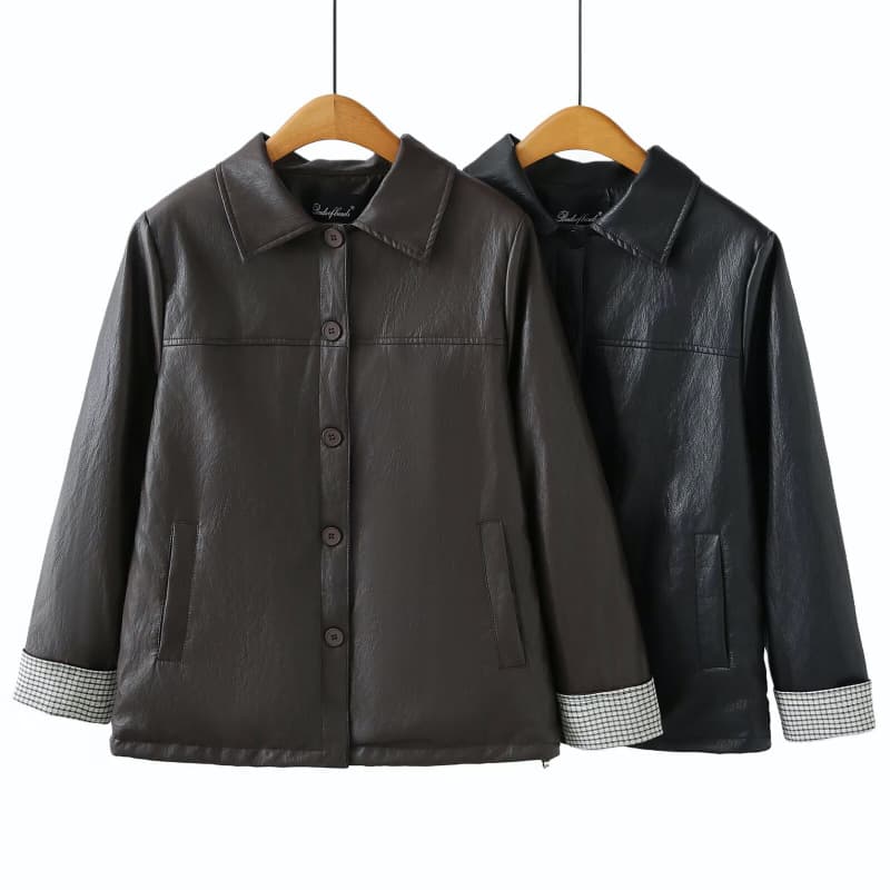Plus Size Women's Autumn and Winter Velvet Faux Rabbit Fur Lapel Leather Jacket Loose Flesh-Covering Retro Jacket 0412532