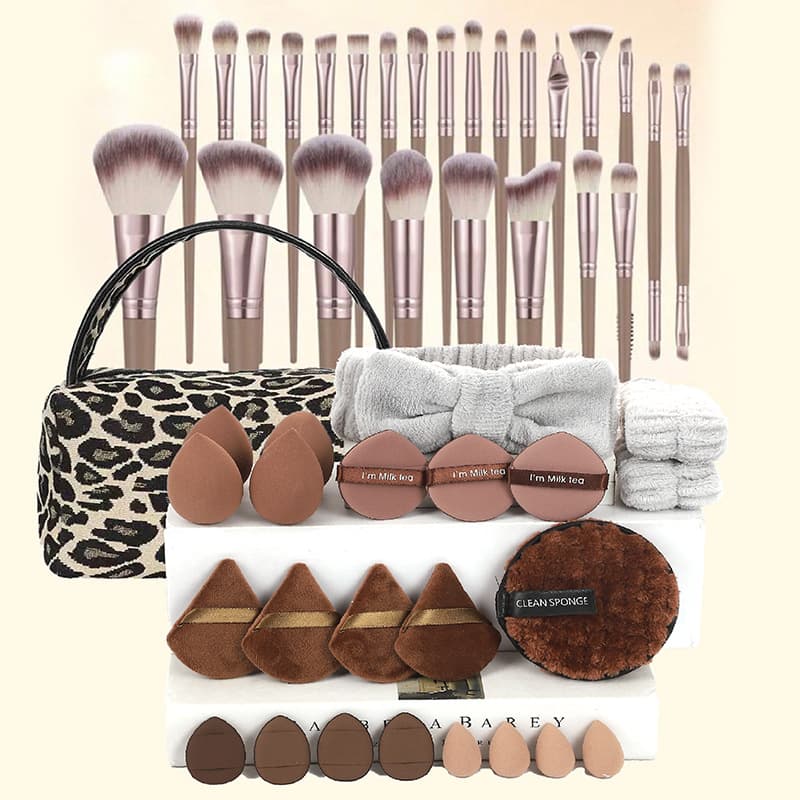 Cross-Border New Leopard Print 48-Piece Makeup Tool Set, Face Wash Puff, Makeup Sponge, Xiyin Temu Dropshipping