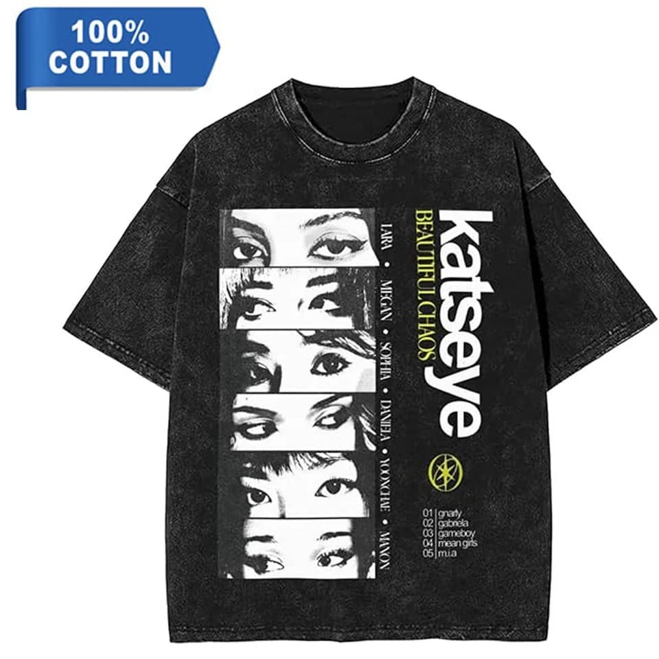 Fashion KATSEYE Washed T-Shirt for Men and Women, Short Sleeve, Summer, Round Neck, Loose Fit, 230g