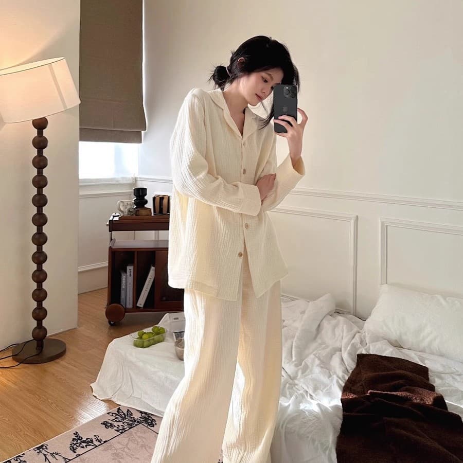 Korean Style Sheer Elegance Gauze Pajama Set for Women, Autumn Thin Long Pants Long Sleeve Cardigan Loungewear Plus Size Set