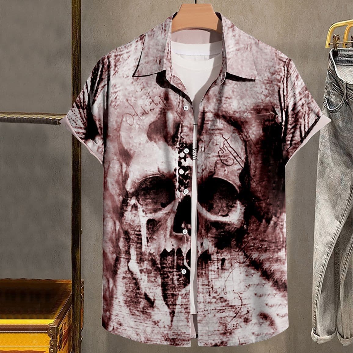 047 Short-Sleeve Cardigan Print Men's Shirt, Foreign Trade Fashion Casual Trend Turn-Collar Top, One-Piece Drop Shipping 12-29