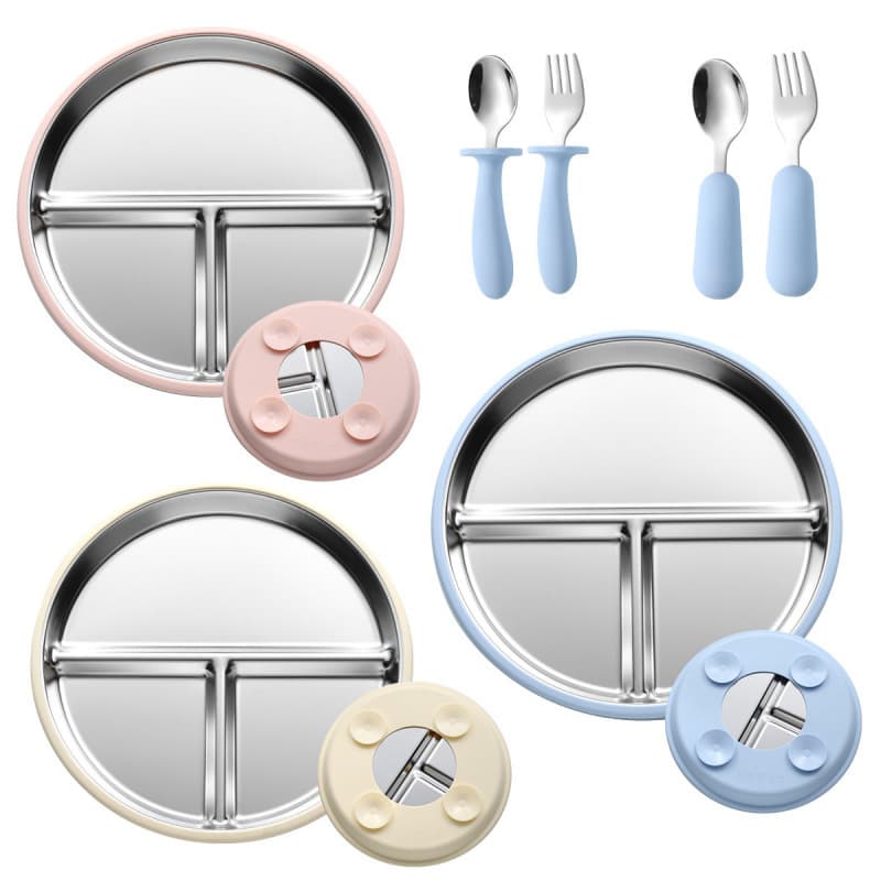 Kids Stainless Steel Divided Plate with Detachable Silicone Cover and Suction Base, Baby Food Plate Feeding Utensils with Spoon