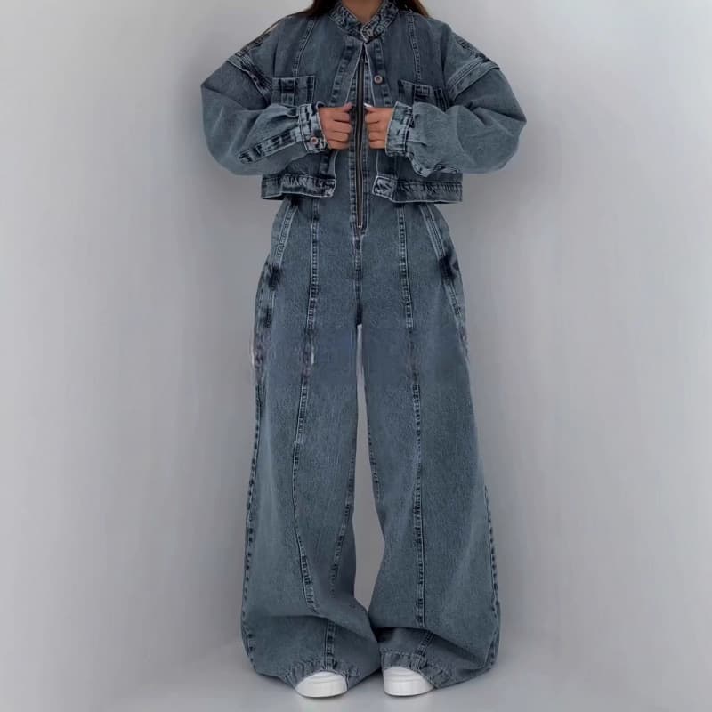 New Women's Zip-Up Strapless Jumpsuit with Long Sleeves and Outer Denim Set for Cross-Border E-Commerce on Amazon US/EU