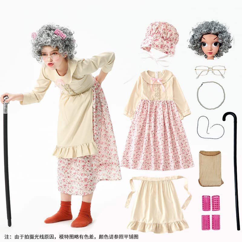 Halloween Children's Costume for the 100th Day of School, Grandma Outfit, Funny Dress-Up, Cos Grandma Costume, Floral Dress