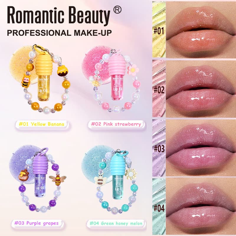 Cross-border Lip Oil with Chain Four-color Cute Bracelet Lip Balm Moisturizing Nourishing Lip Gloss Water Gloss Mirror Shine Colored Lip Gloss