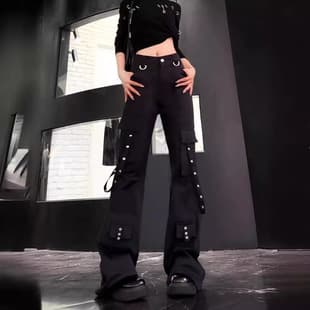 American Vibe Style Black Cargo Pants for Women Spring Autumn New Design Patchwork High-Waist Slim Narrow-Leg Wide-Leg Pants