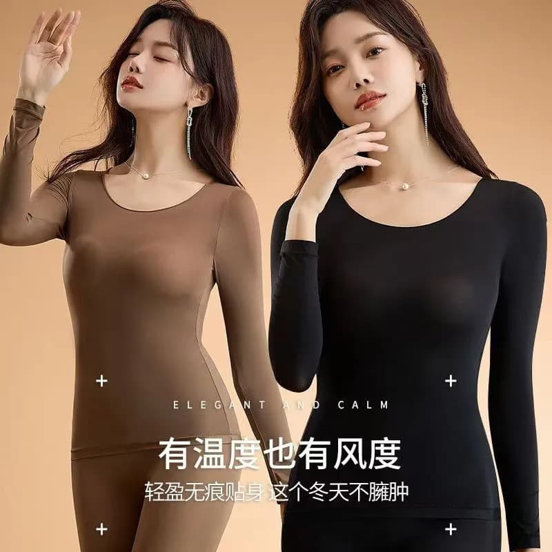 Hyaluronic Acid Base Layer Long Sleeve and Pants, Heating Skin-Care Clothing, Thermal High Elasticity Autumn Clothes and Pants, Round Neck Base Layer Shirt Women's