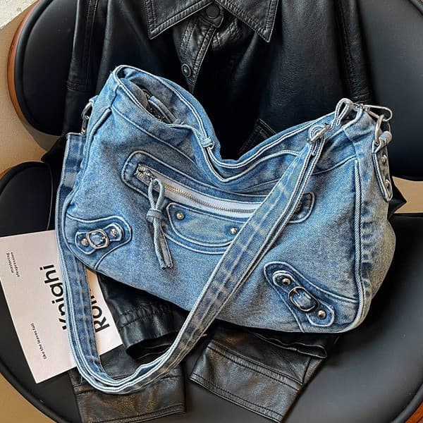 Cross-border 2026 New Washed Denim Motorcycle Bag Vintage Commuter Shoulder Bag Fashion Versatile Crossbody Bag