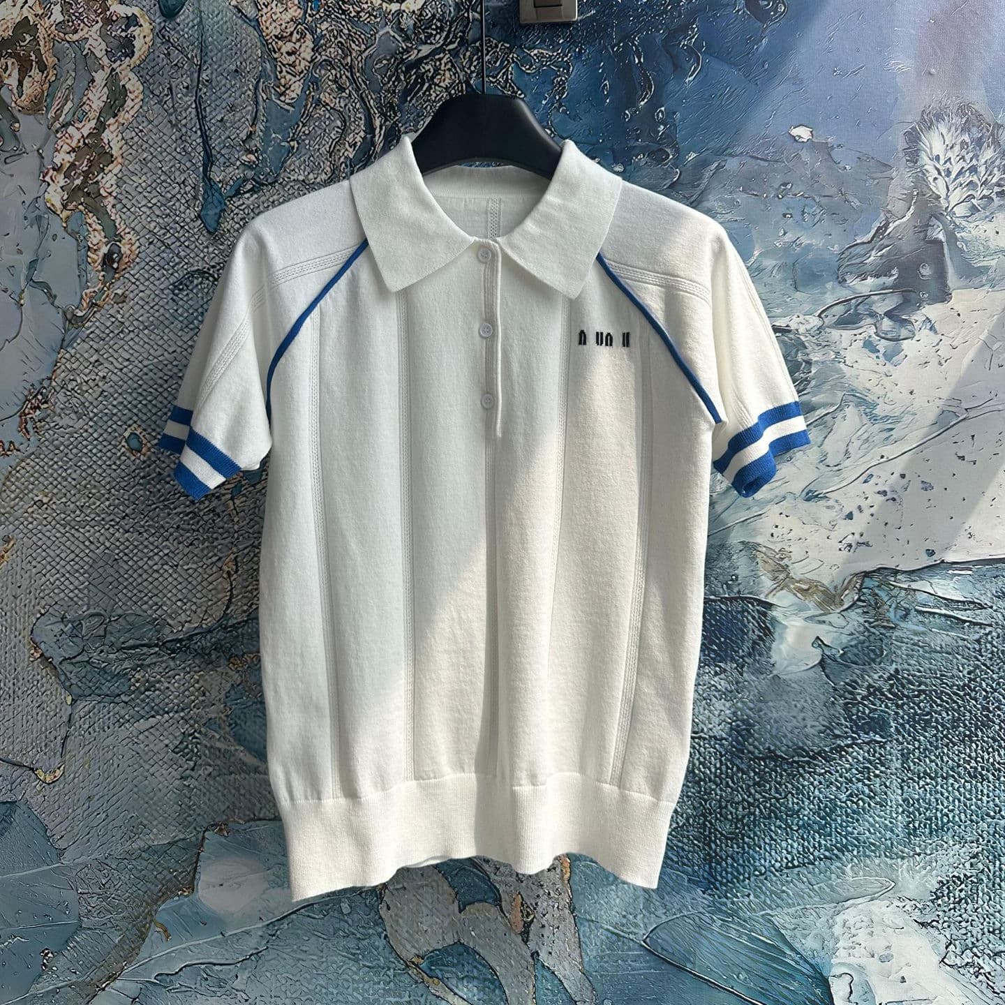 16-Gauge MIU MIU Brand Knit Polo Shirt, Button Short-Sleeve Pullover, Preppy Top Base Layer