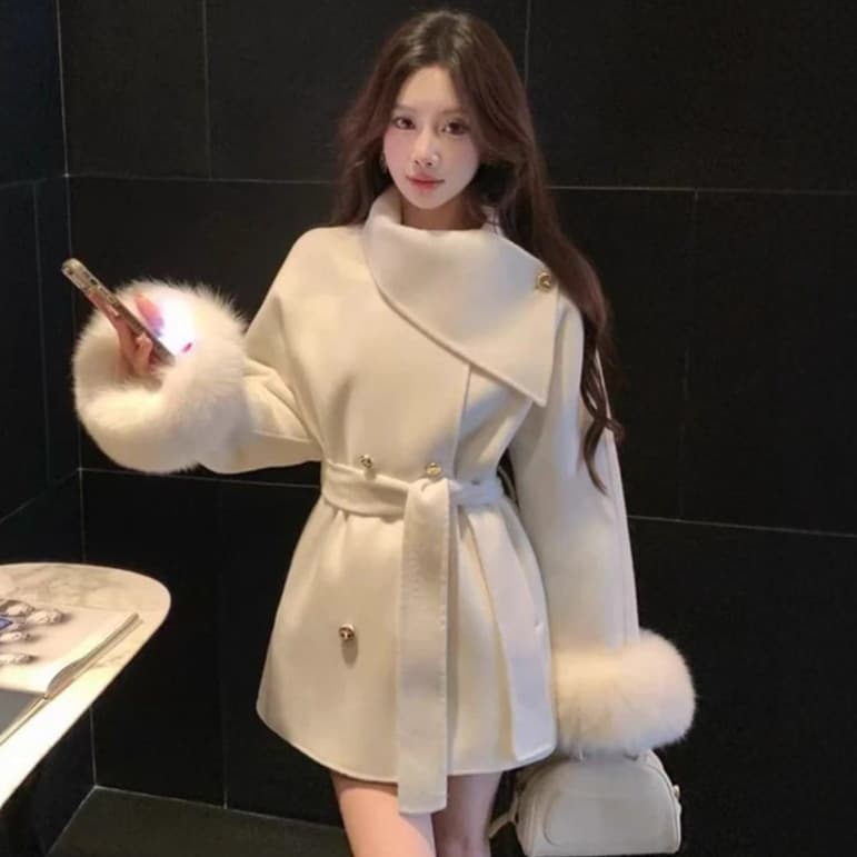 OEM Style Fuzzy Sleeve Coat with Waist Tie, Autumn Mid-Length Wool Coat, Premium Loose Fit, White