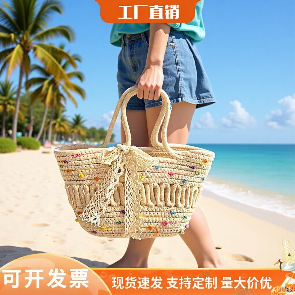 Handwoven Straw Basket Bag Women's Fashionable Beach INS Style Cotton Bucket Bag Soft Cotton Lining Single Strap Daily Use
