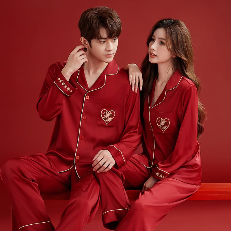 Wedding Pajamas Newlywed Couple Charmeuse Red Spring Autumn Zodiac Year Men Women Wedding High-end Sense Set Drop Shipping