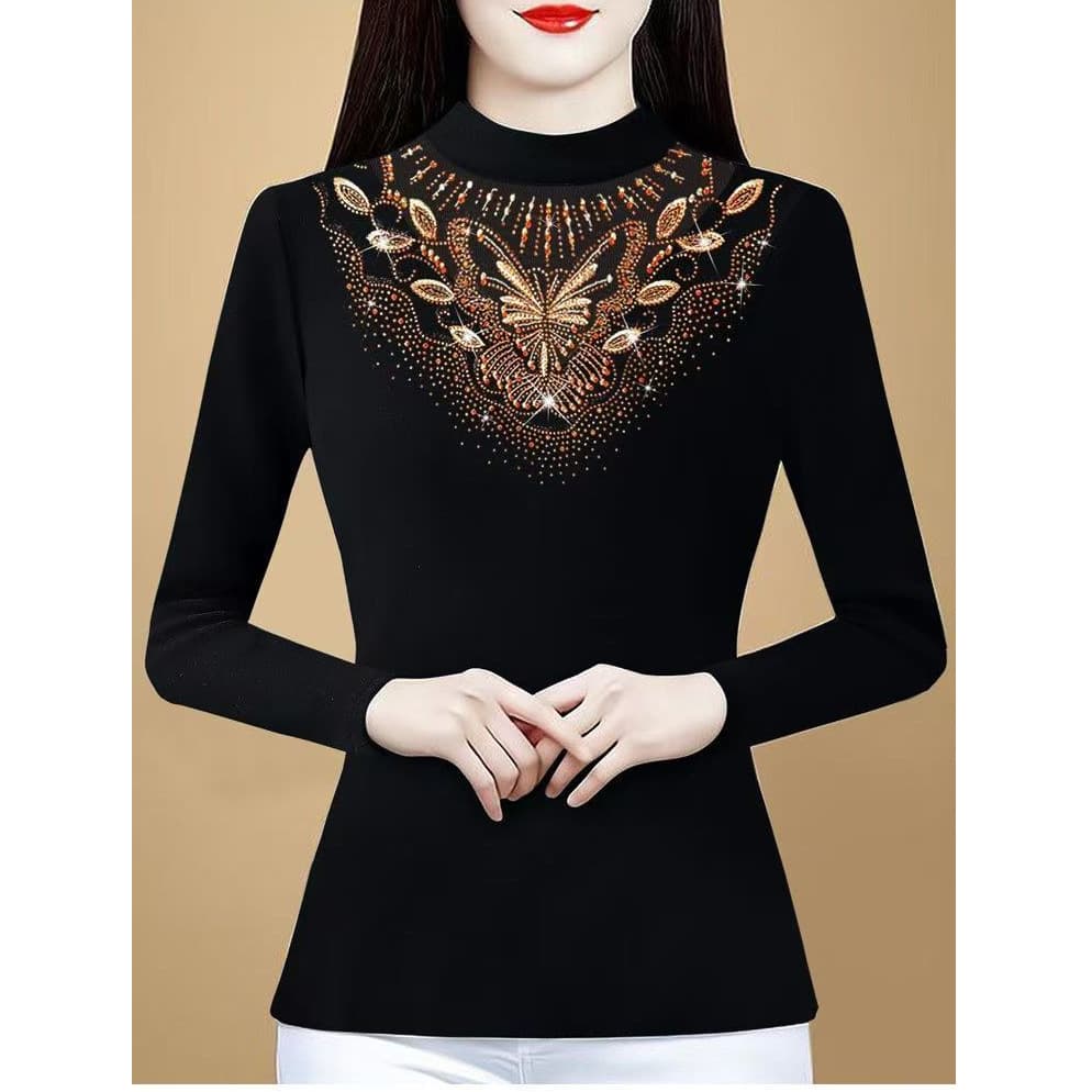 Autumn/Winter New Style Fashion Embroidered Mesh Lace Hollow-Out Long Sleeve Heavy Work Rhinestone Stylish Youthful Belly-Covering Warm Top Women