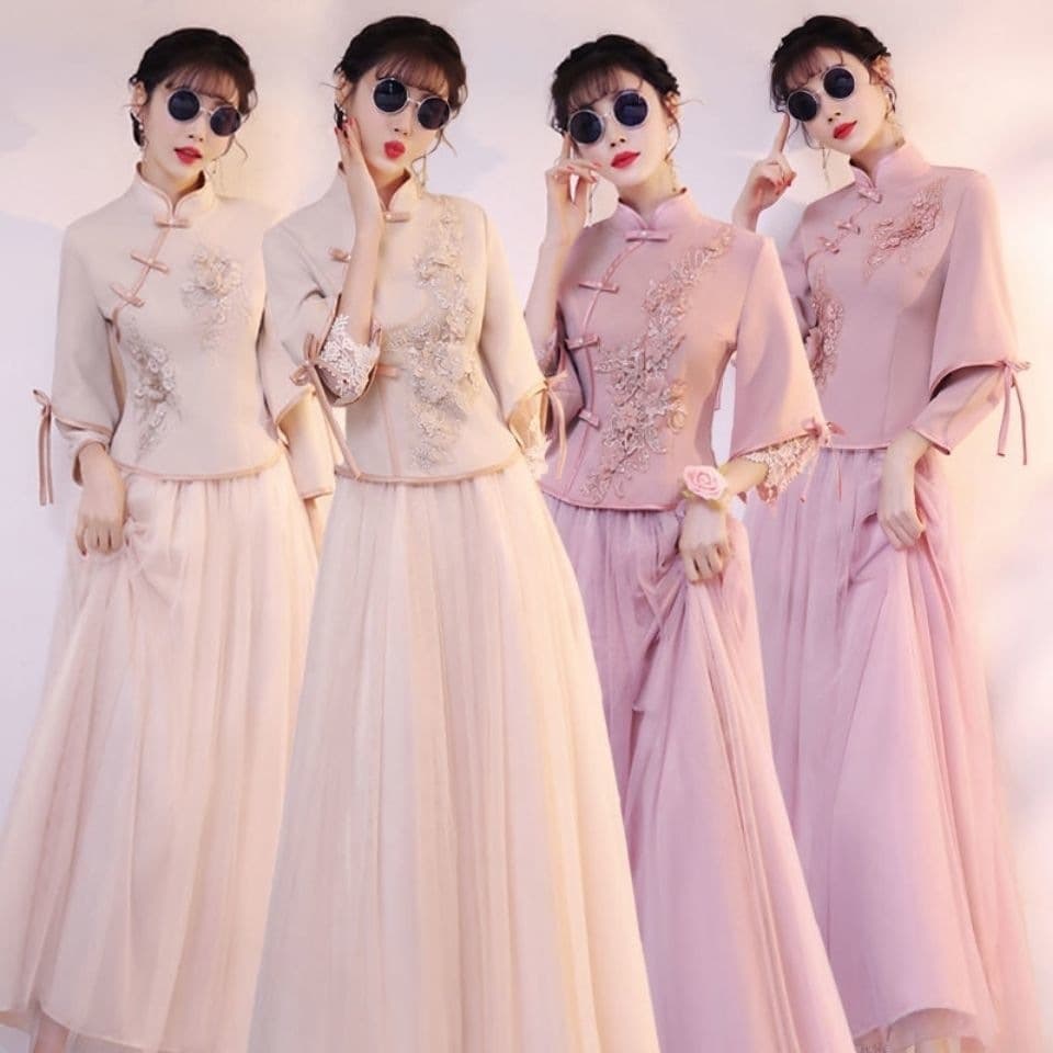 Chinese-style Bridesmaid Dress Long Sleeve 2026 Spring Summer New Collection Premium Wedding Bridesmaid Group Sister Dress Chinese Style Sister Gown