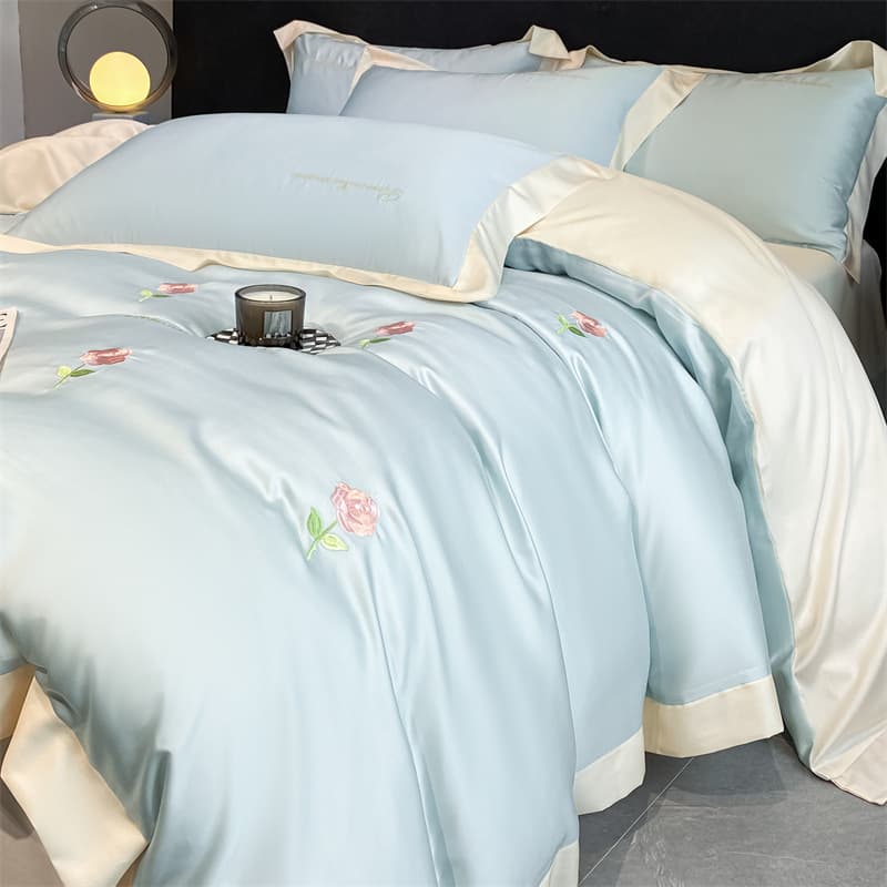 Boslandi washed silk embroidered four-piece set, machine washable and foldable ice silk Tencel smooth naked sleeping bedding