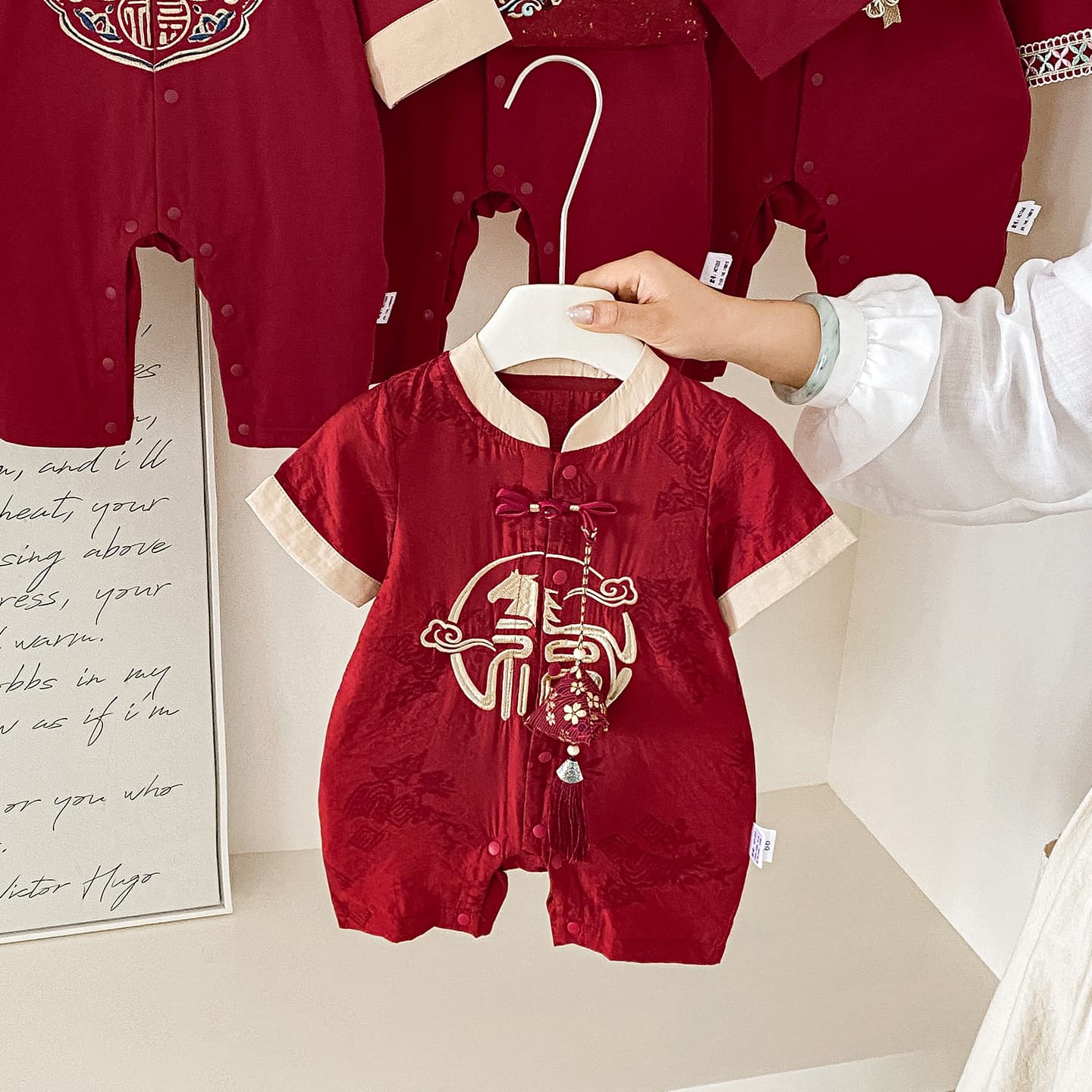 2026 Full Moon Baby Boy Red Summer Romper for 100-Day Celebration and First Birthday Party