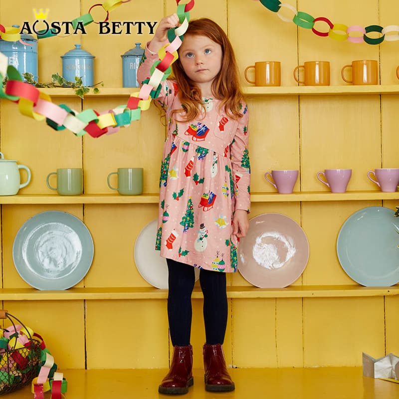 2026 European and American Style Christmas Children's Dress, New Autumn Girls' Dress, Knitted Cotton Cartoon Round Neck Princess Dress