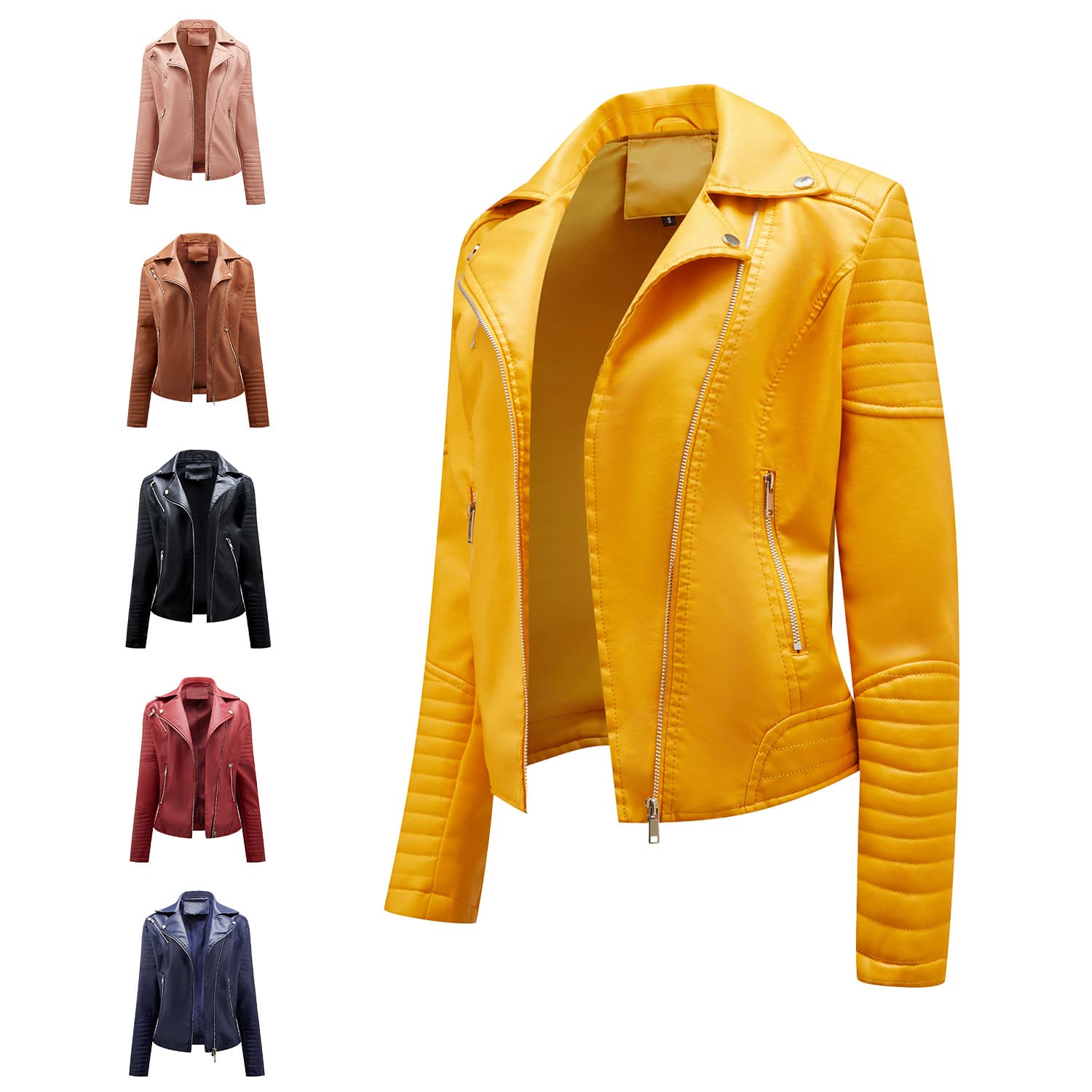 2022 Spring/Autumn Short Leather Jacket for Women, European Size Slim Fit Turn-down Collar Motorcycle Jacket with Diagonal Zipper, Amazon Women's Outerwear