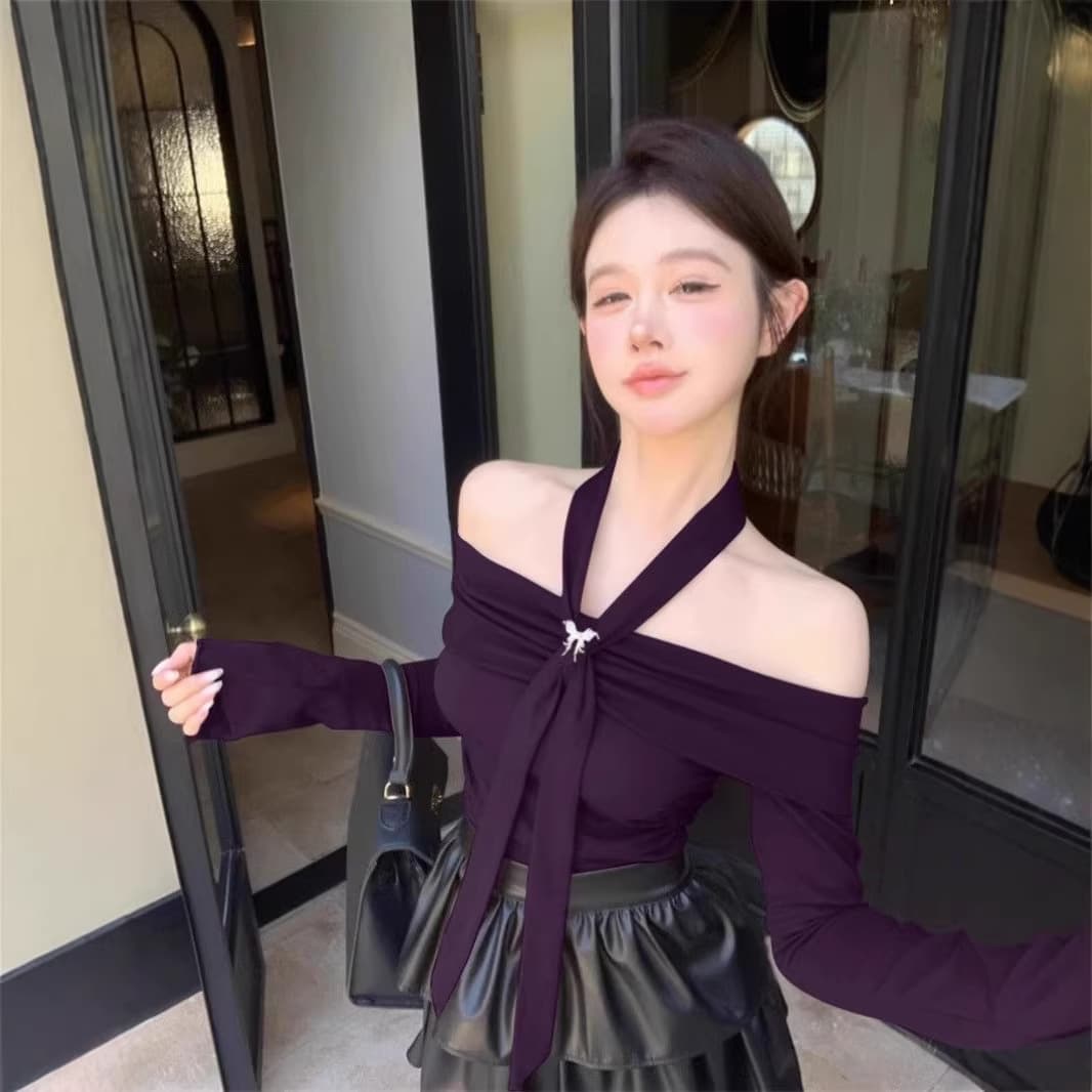 Pure Desire Style Purple One-Shoulder Strap Long-Sleeve T-Shirt for Women 2026 Winter Waist-Tightening Slimming Sexy Top
