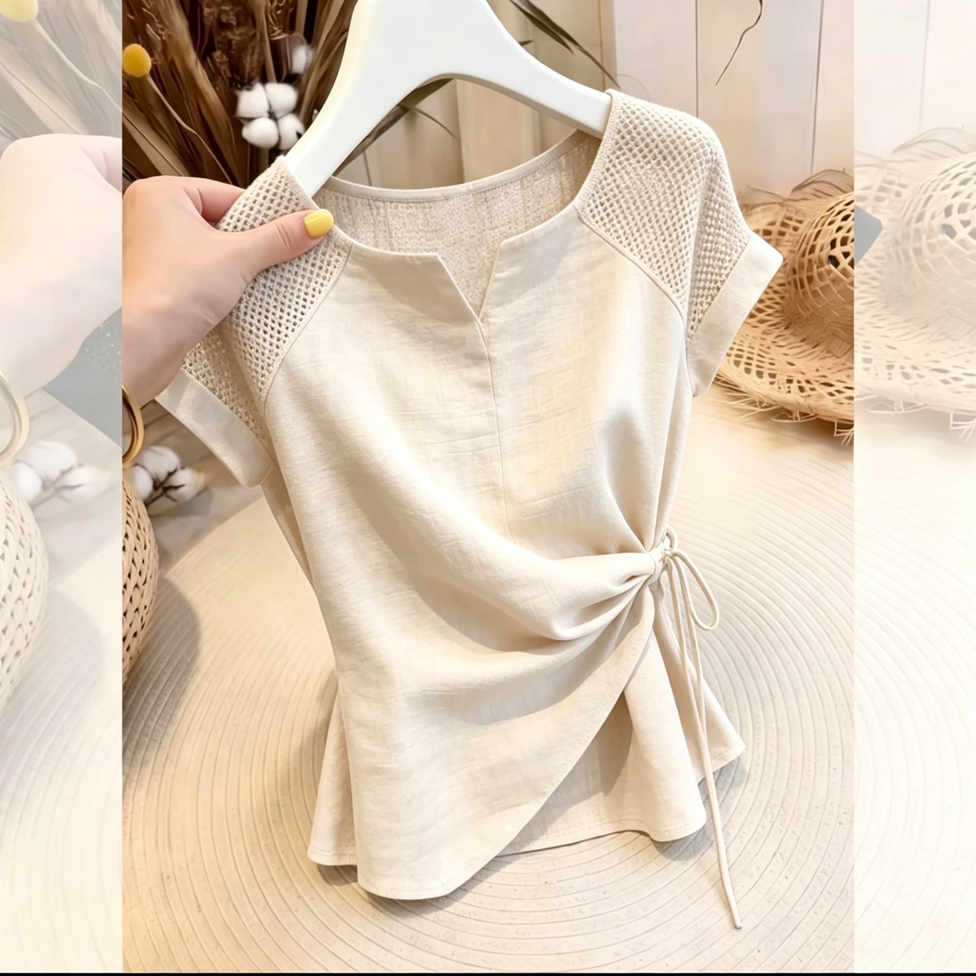 Fashionable Irregular Hollow Lace Top with Tie Short Sleeve T-Shirt Women's Summer Top