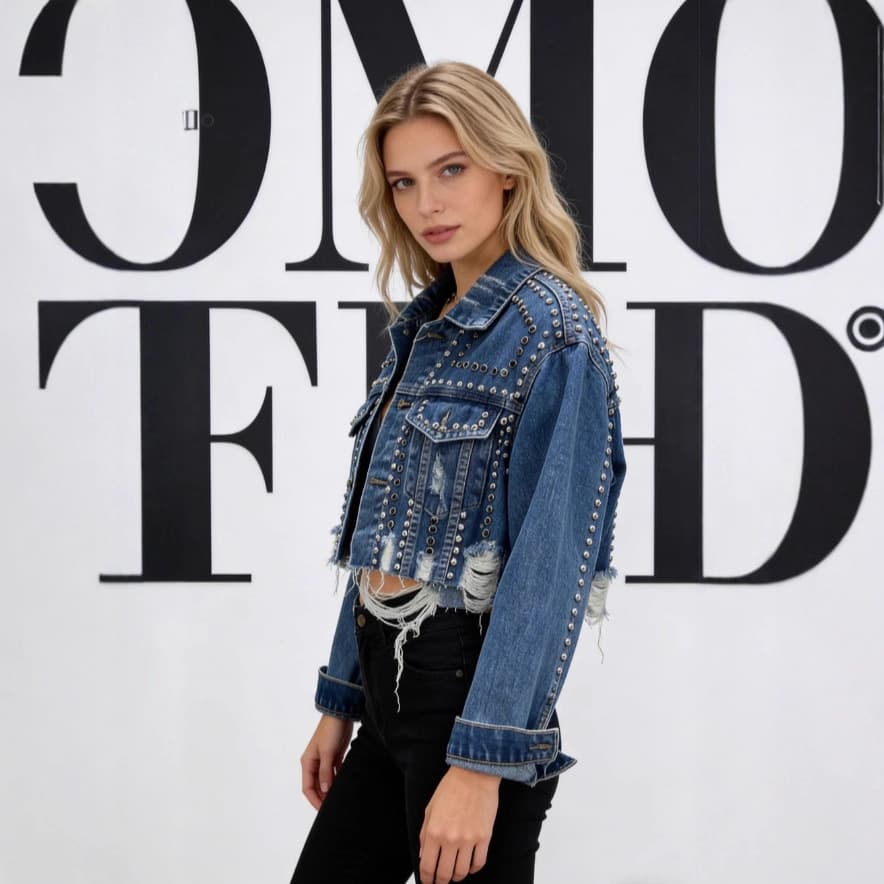 Amazon & AliExpress New Heavy-Duty Rhinestone Denim Jacket for Women Long Sleeve Frayed Beaded Studded Coat Cross-Border