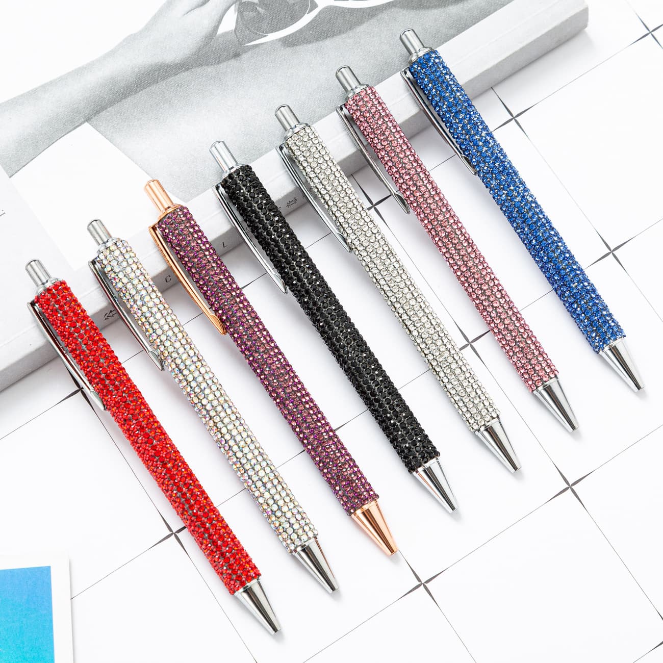 Press and Jump Pen Wholesale Stock Rhinestone Wrapped Press Pen Teen Student Stationery Ballpoint Pen Multi-Color Press Pen