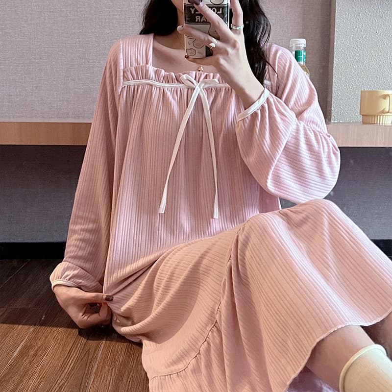 Women's Spring/Autumn Long-Sleeve Milk Silk Mid-Length Nightgown, New Cute Princess Style Loungewear Pyjama