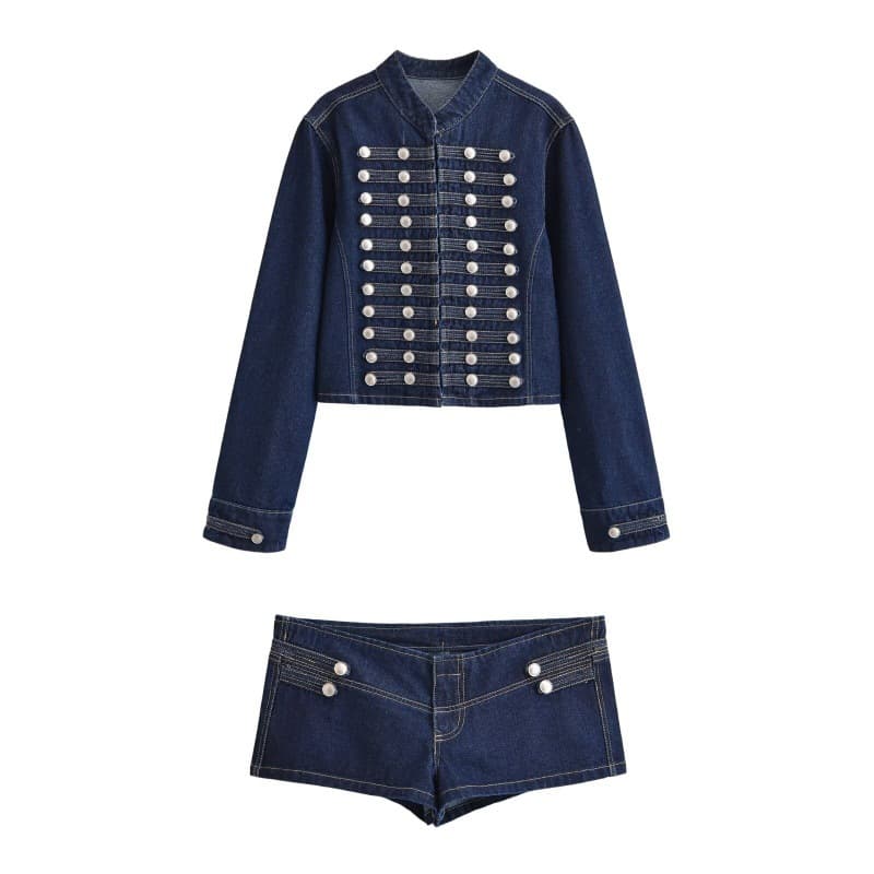 PB&ZA Multi-Buckle Vintage Napoleon-Style Denim Jacket with Round Neck / Low-Rise Denim Shorts