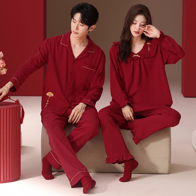 100% Pure Cotton Couples Pajamas Long-Sleeve Spring/Autumn Cardigan Red Festive Wedding Men's and Women's Homewear Newlywed Set