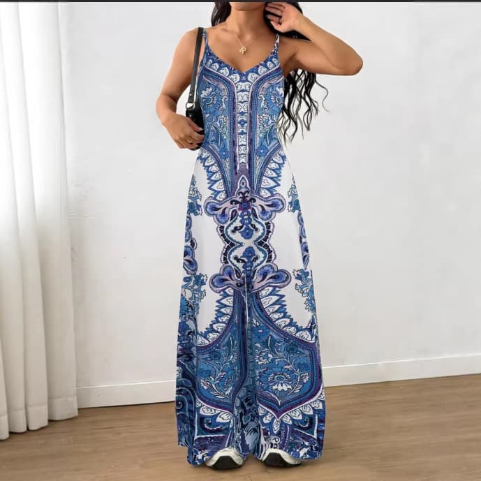 Women's Bohemian Print Summer Fashion Casual V-Neck Halter Wide-Leg Jumpsuit