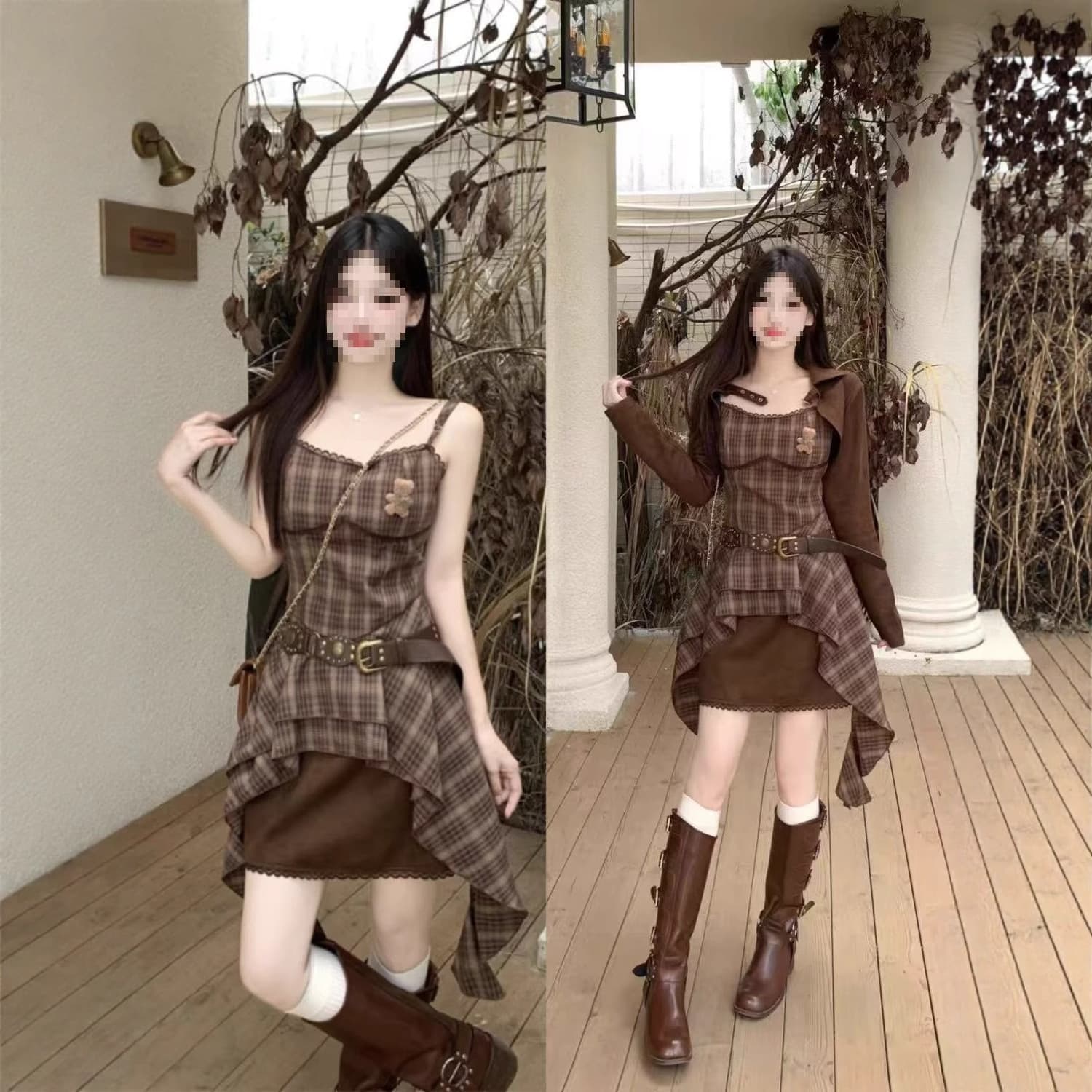 Plus Size Retro Suspender Dress for Women, Autumn 2025 New Style, Long-Sleeved Cover-Up Set for Curvy Women, Conceals Tummy and Slims the Figure