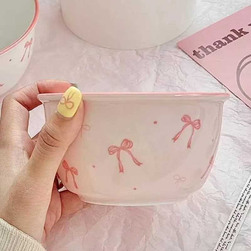 Bowknot Rice Bowl Ceramic Bowl and Spoon Set for Girls, Under-glaze Color, High Appearance Tableware, Rice Bowl and Dessert Bowl