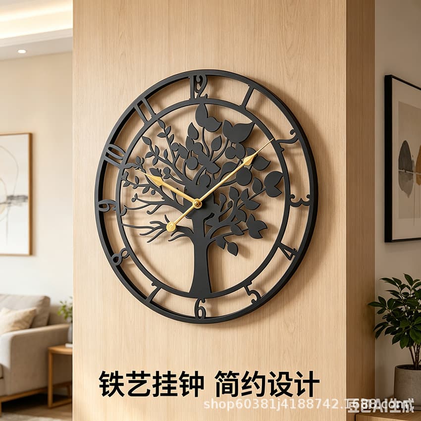 Cross-border metal wall clock hollow cut tree of life clock home decoration simple wall hanging clock iron art wall clock