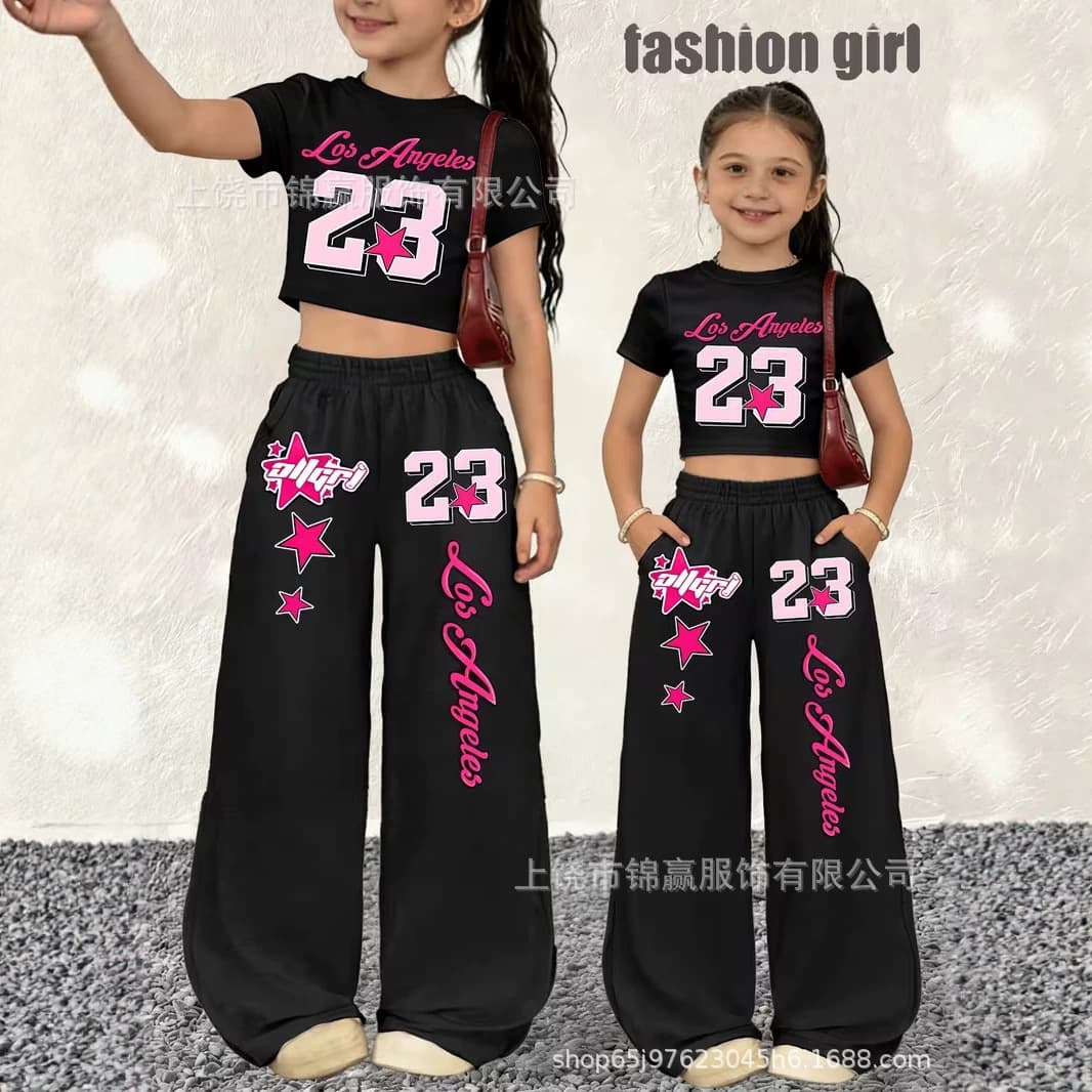 Cross-border new trendy and cool girls' suit Alphanumeric printed navel-baring T-shirt casual wide-leg pants two-piece set