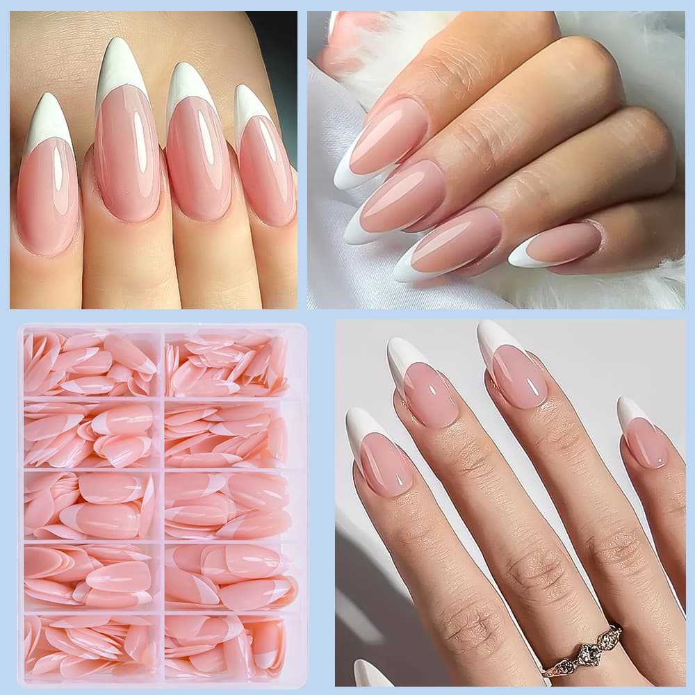 240/360 Pcs Boxed Nude Pink French White Edge Teardrop Almond Press-On Nails Detachable Glossy False Nail Tips